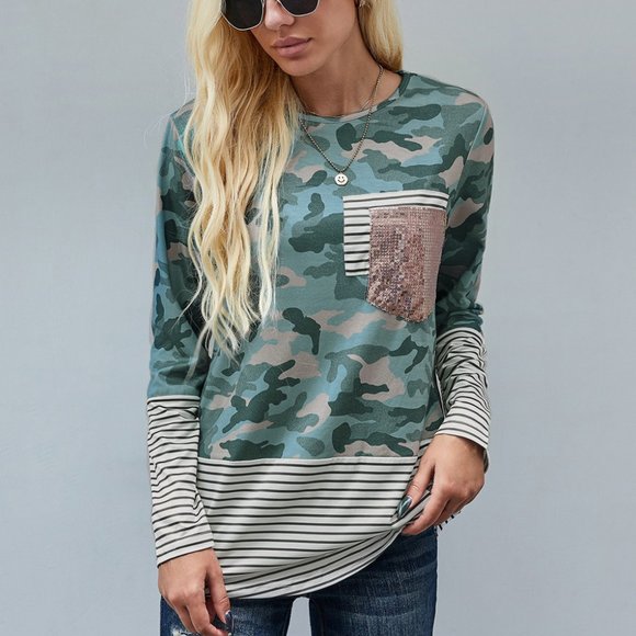 Camo Striped Sequin Pocket long Sleeve Shirt - Picture 2 of 8